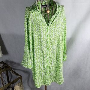 Susan Graver Green Leaf Pattern Flowy 3/4 Sleeve Tunic Size 2X Smocking
